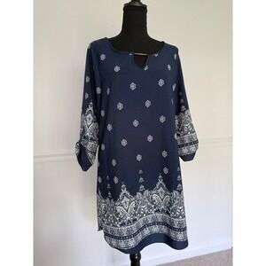 Rue‎ 21 Paisley Print Dress Keyhole Neckline 3/4 Sleeve blue Tunic Dress size S